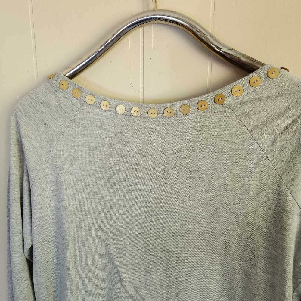 Norma Kamali gray organic cotton scoop neck tee t-shirt button embellishment XL - Picture 7 of 13